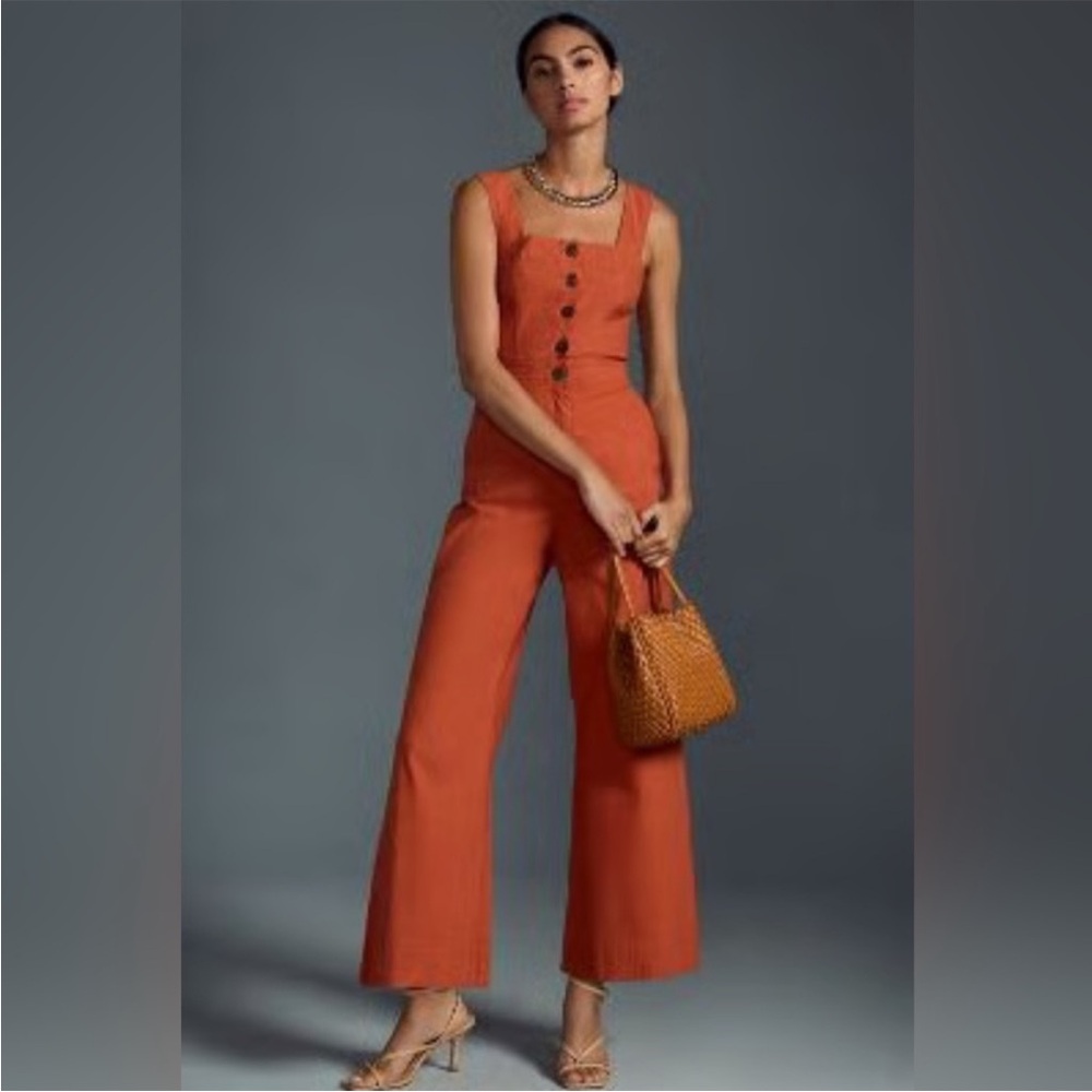 Maeve Tailored Button Citrus Orange Sleeveless Wide Leg Linen Blend Jumpsuit